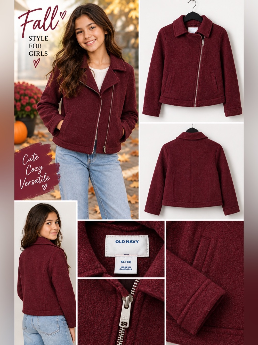 Old Navy Girls XL 14 Burgundy Maroon Zip Jacket Fall Coat